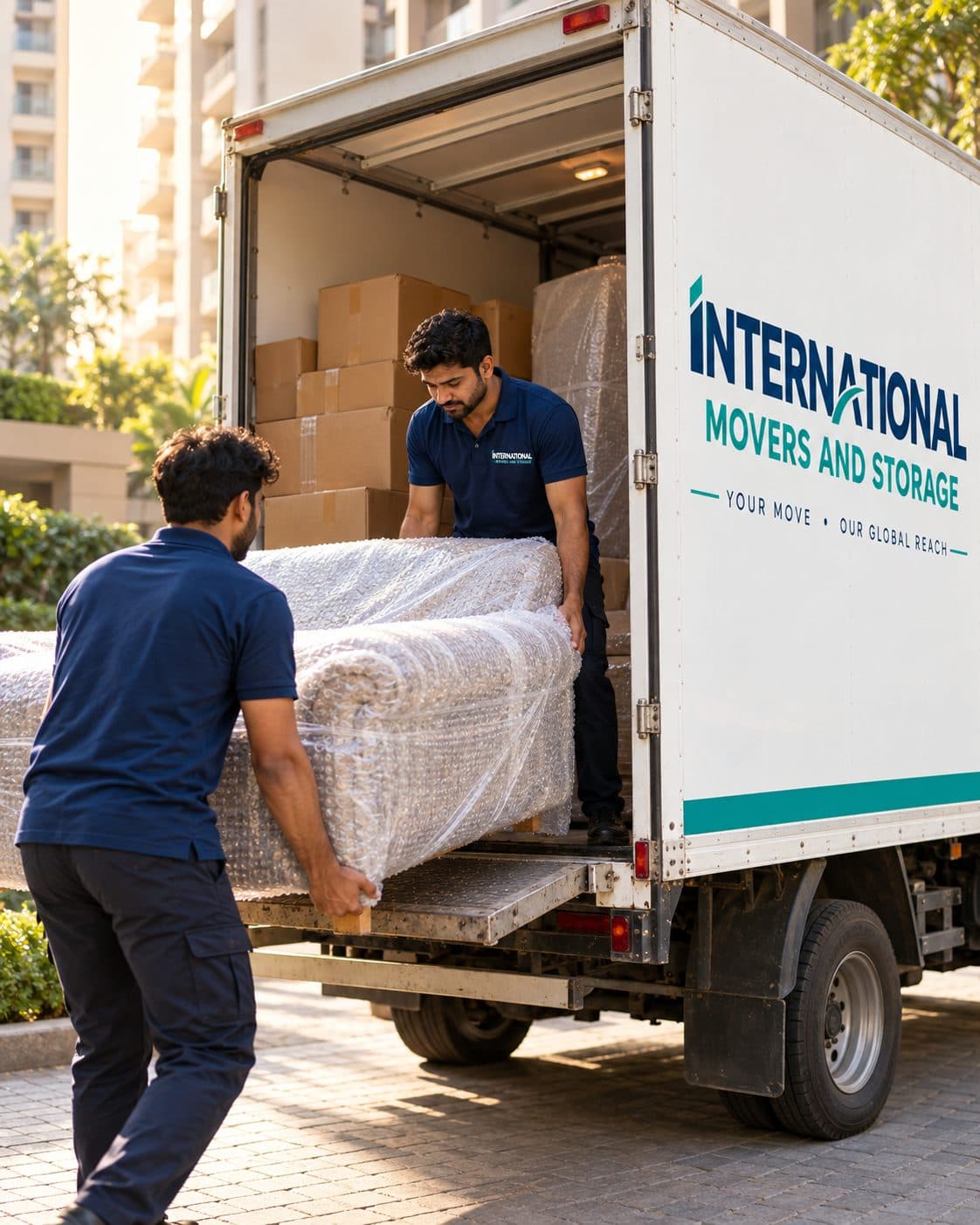 Our crew loading a wrapped sofa into a branded moving truck